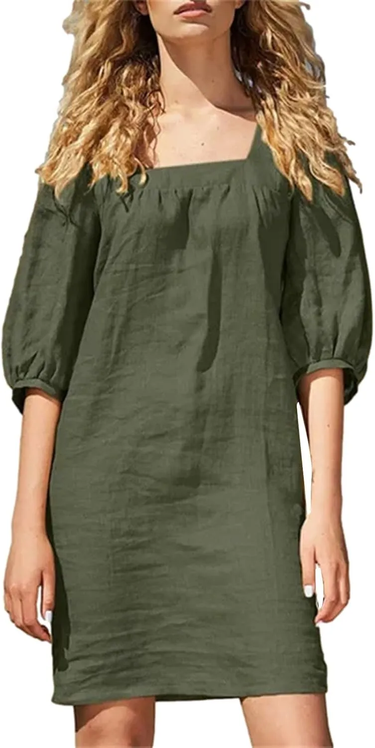 hlysgo Beach Dress for Women Plus Size Cotton Linen Half Sleeve Square Neck Mini Dress Summer Loose Comfy Knee Length Dress