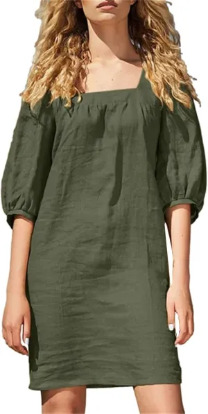 hlysgo Beach Dress for Women Plus Size Cotton Linen Half Sleeve Square Neck Mini Dress Summer Loose Comfy Knee Length Dress