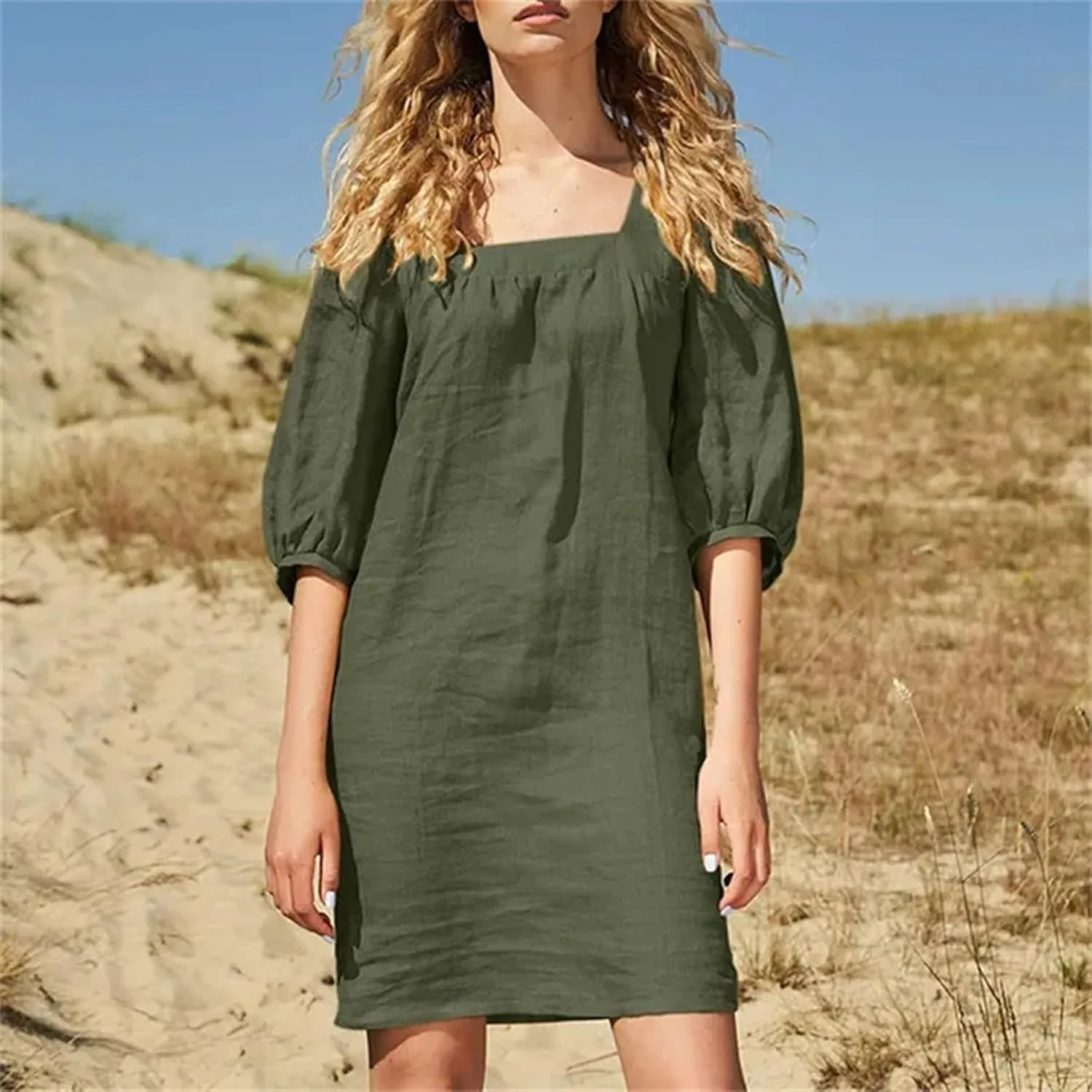 hlysgo Beach Dress for Women Plus Size Cotton Linen Half Sleeve Square Neck Mini Dress Summer Loose Comfy Knee Length Dress