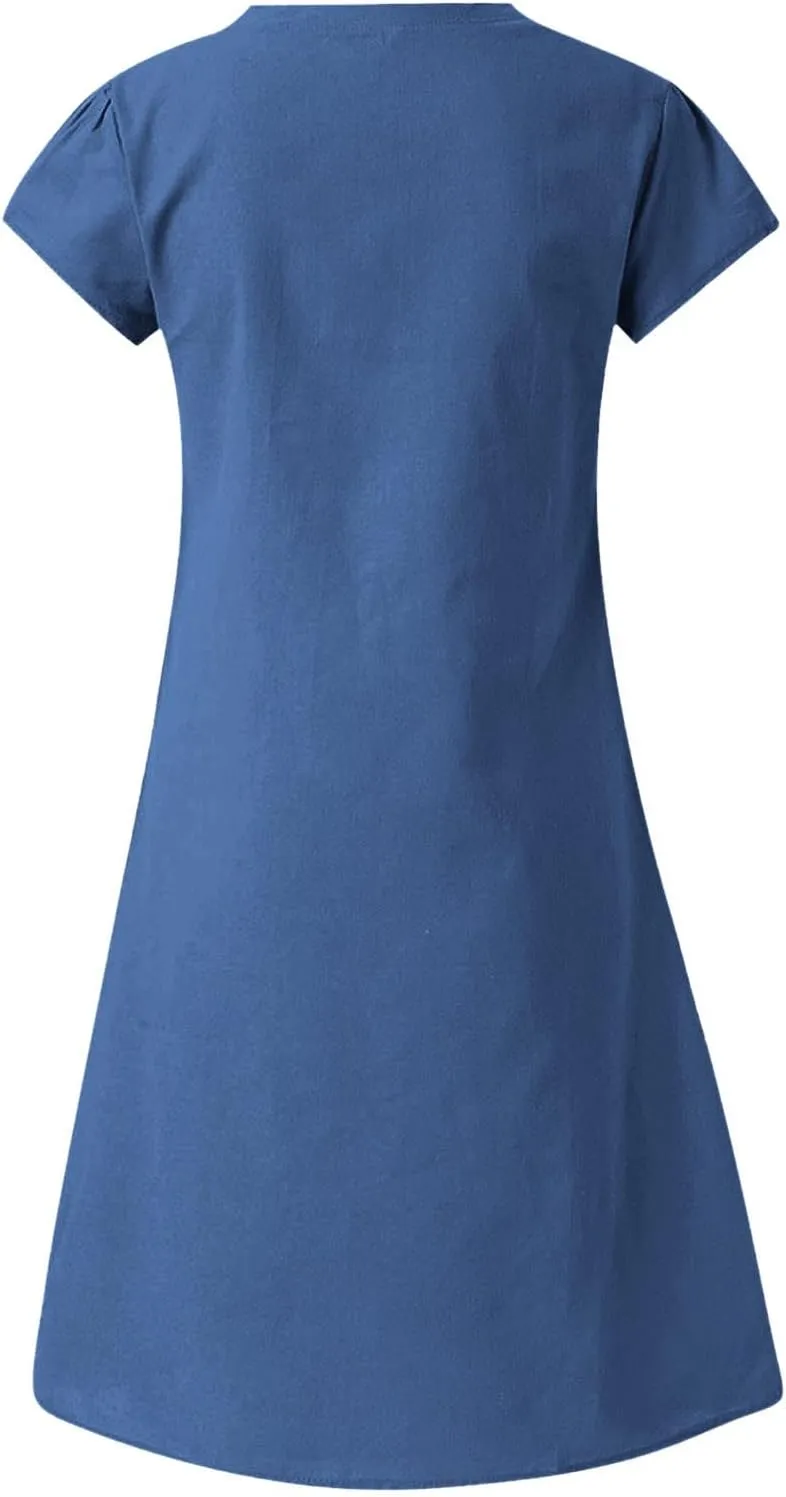 hlysgo Womens Cotton Linen Dress Casual Loose Fit Short Sleeve V Neck Mini Dress Summer Knee Length Beach Dress for Ladies