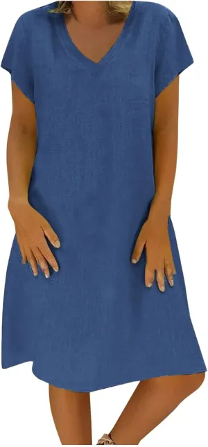 hlysgo Womens Cotton Linen Dress Casual Loose Fit Short Sleeve V Neck Mini Dress Summer Knee Length Beach Dress for Ladies