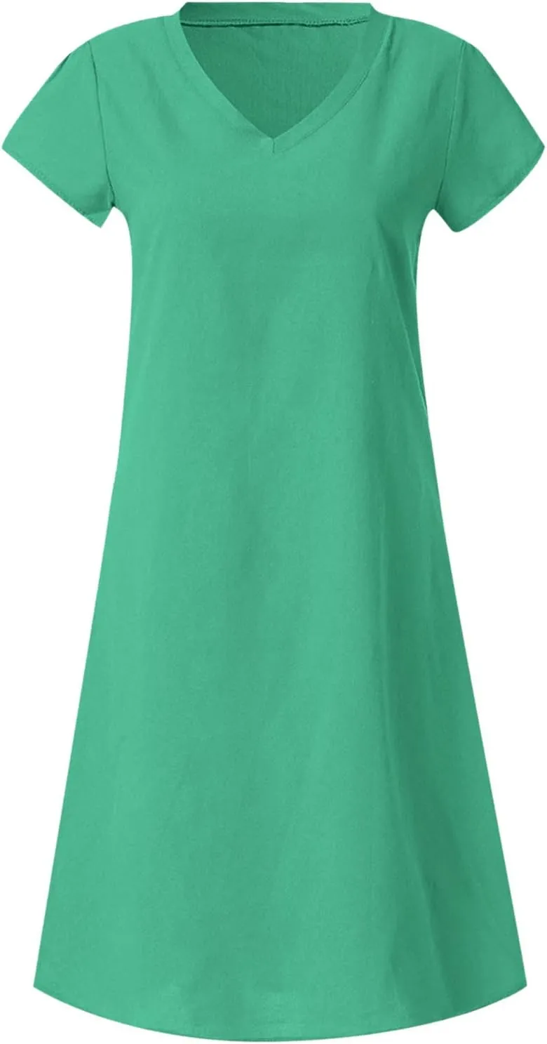 hlysgo Womens Cotton Linen Dress Casual Loose Fit Short Sleeve V Neck Mini Dress Summer Knee Length Beach Dress for Ladies