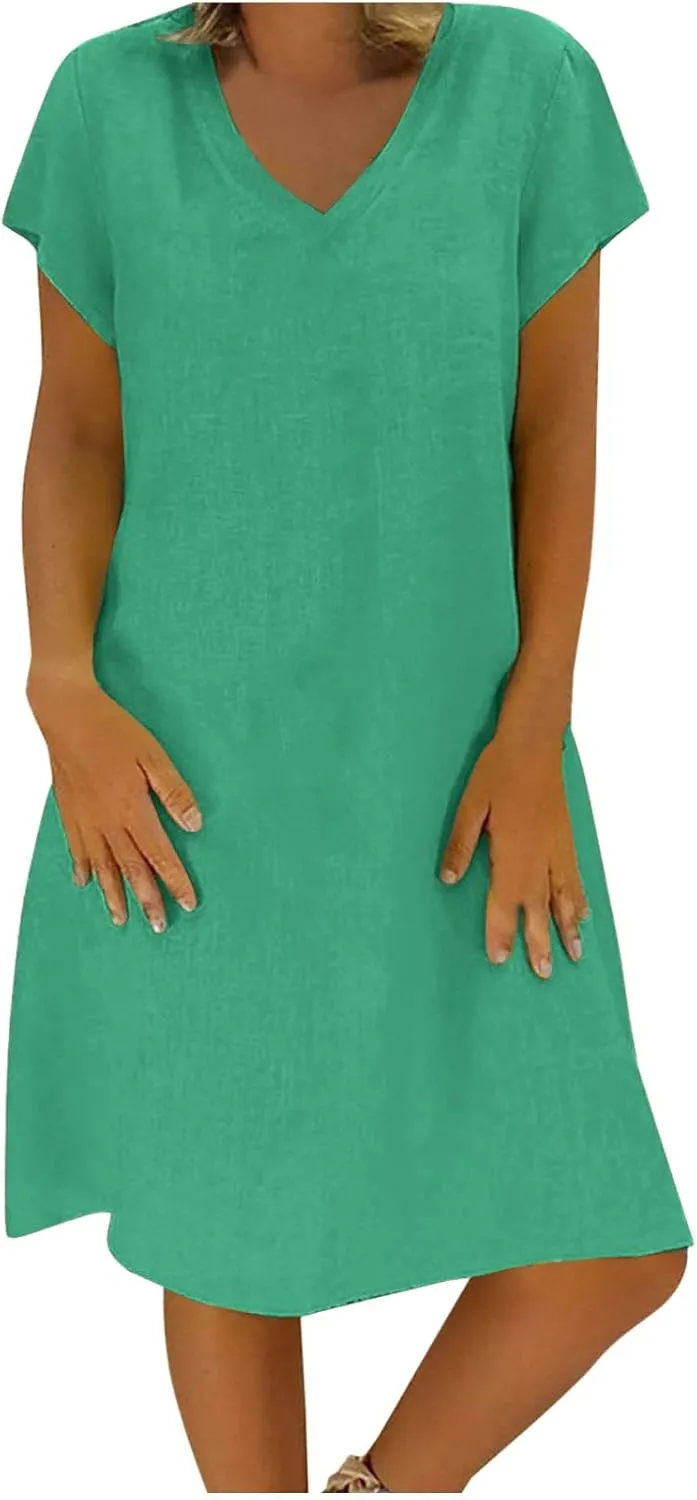 hlysgo Womens Cotton Linen Dress Casual Loose Fit Short Sleeve V Neck Mini Dress Summer Knee Length Beach Dress for Ladies