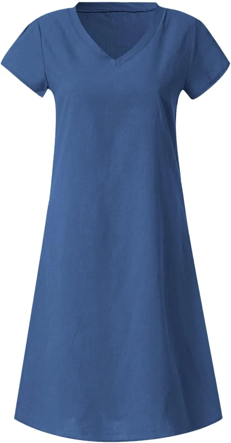 hlysgo Womens Cotton Linen Dress Casual Loose Fit Short Sleeve V Neck Mini Dress Summer Knee Length Beach Dress for Ladies