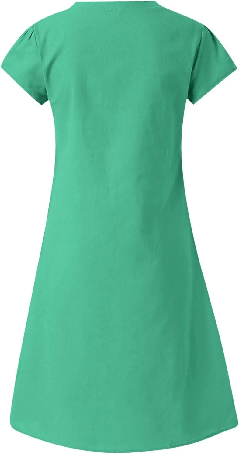 hlysgo Womens Cotton Linen Dress Casual Loose Fit Short Sleeve V Neck Mini Dress Summer Knee Length Beach Dress for Ladies