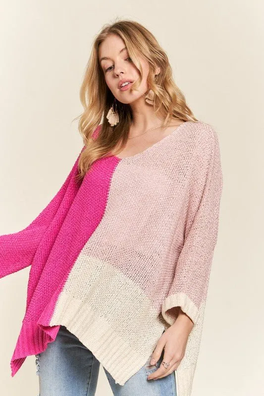 Hot Pink Color Block Tunic Sweater