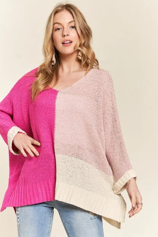 Hot Pink Color Block Tunic Sweater
