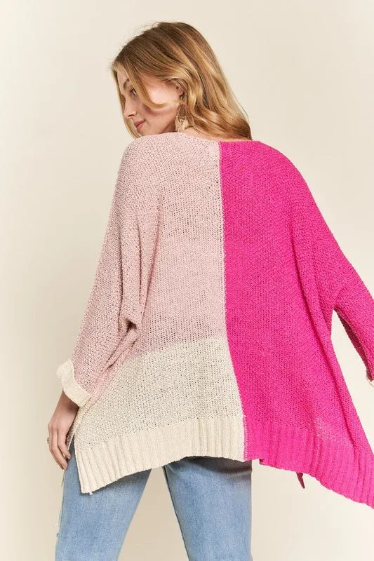 Hot Pink Color Block Tunic Sweater