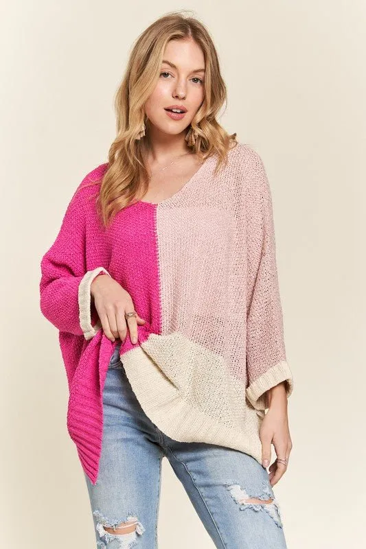 Hot Pink Color Block Tunic Sweater