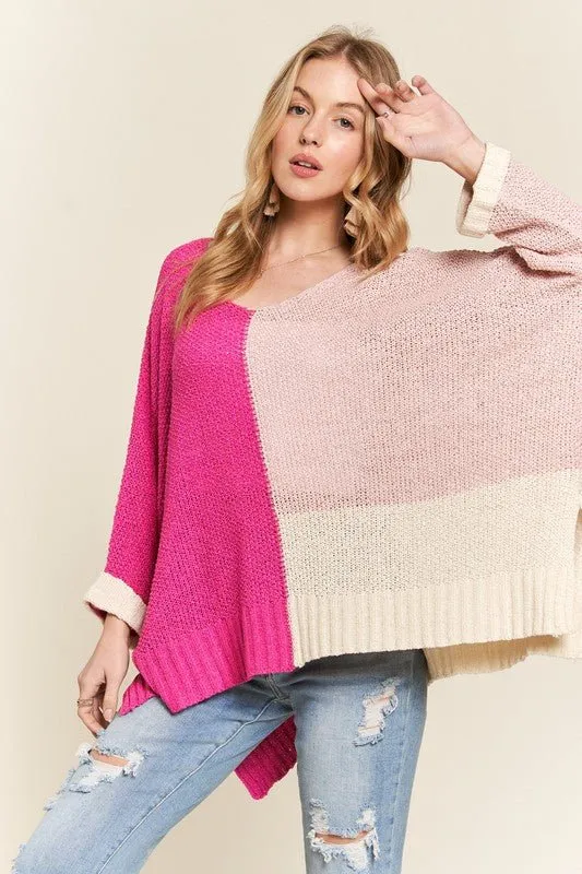 Hot Pink Color Block Tunic Sweater