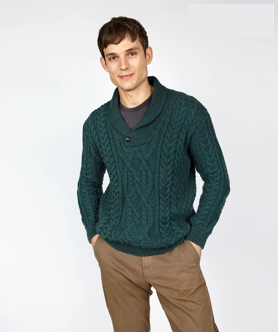 Irish Aran Green Shawl Collar Sweater