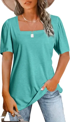 JomeDesign Womens Tops Casual Short Sleeve Square Neck Shirts Puff Sleeve Tshirts Loose Casual Blouse Summer Tee