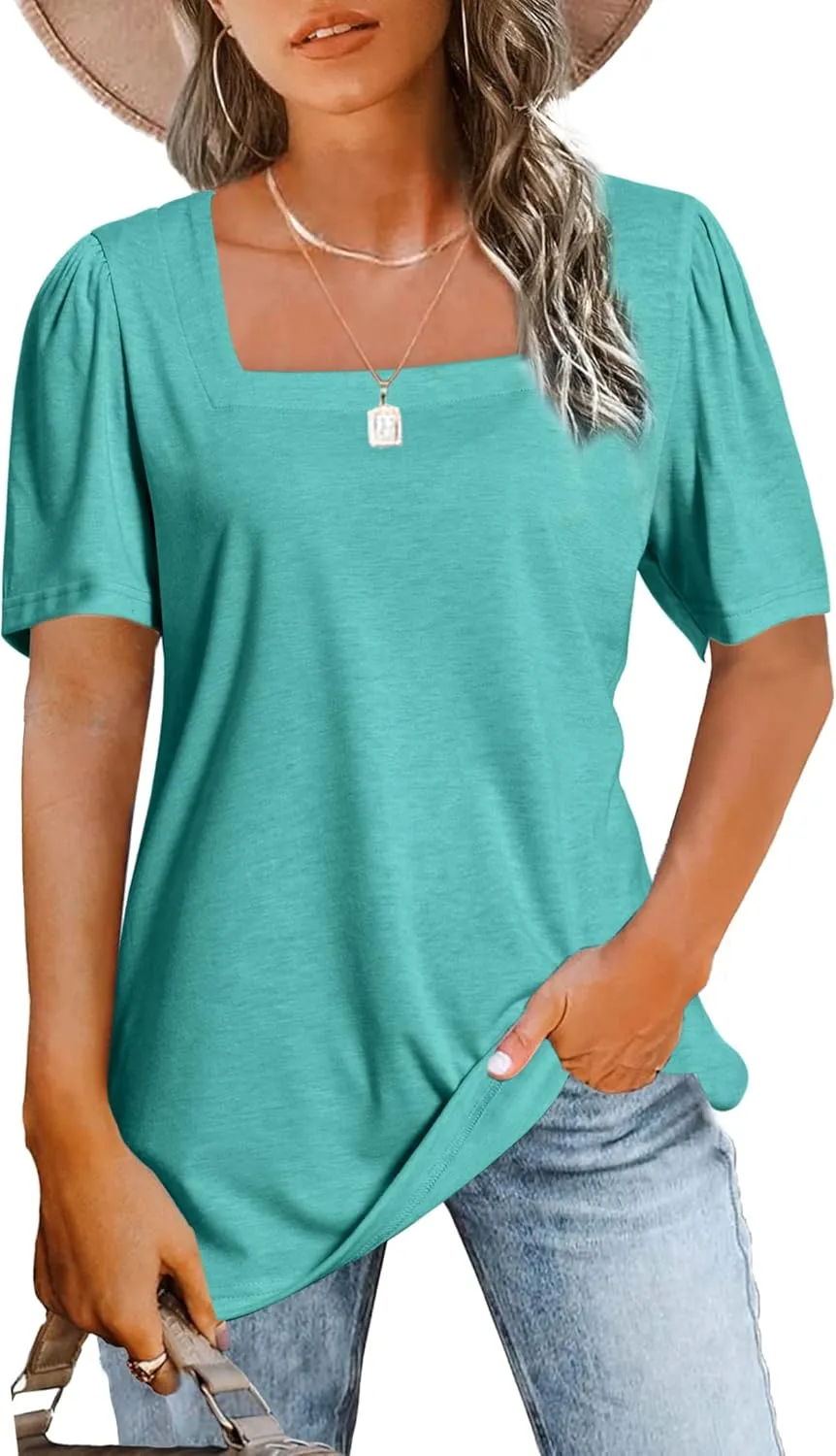 JomeDesign Womens Tops Casual Short Sleeve Square Neck Shirts Puff Sleeve Tshirts Loose Casual Blouse Summer Tee