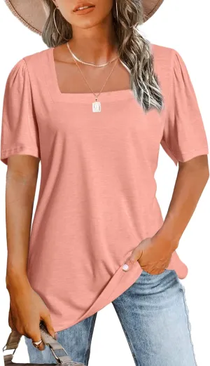JomeDesign Womens Tops Casual Short Sleeve Square Neck Shirts Puff Sleeve Tshirts Loose Casual Blouse Summer Tee