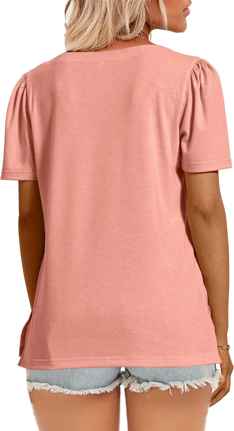 JomeDesign Womens Tops Casual Short Sleeve Square Neck Shirts Puff Sleeve Tshirts Loose Casual Blouse Summer Tee