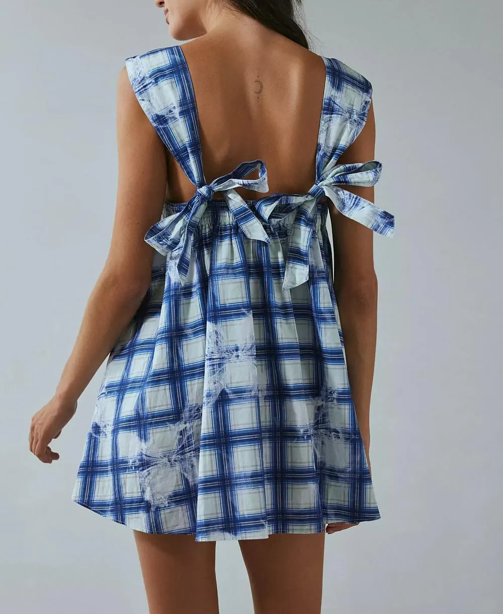 Juakoso Women Y2k Cute Babydoll Mini Dress Bow Tie A-Line Ruffle Short Dress Fairycore Backless Flowy Sun Dress