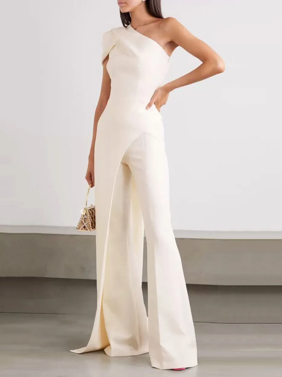 Jumpsuits Slant Shoulder Solid Temperament Trousers Jumpsuit for Women