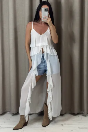 Kianne White Chiffon Ruffle Drape Longline Top