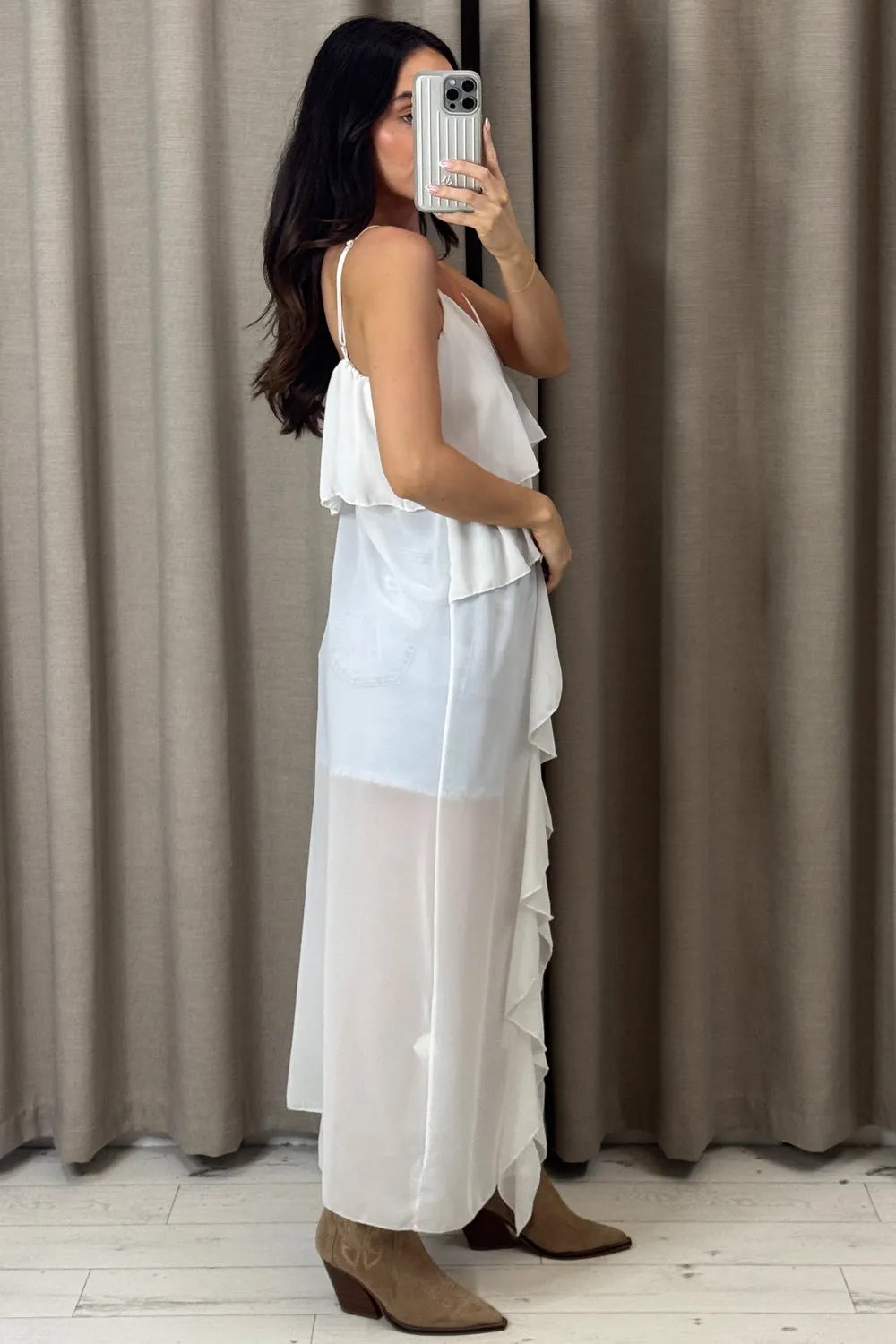 Kianne White Chiffon Ruffle Drape Longline Top