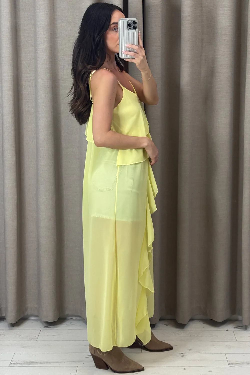 Kianne Yellow Chiffon Ruffle Drape Longline Top
