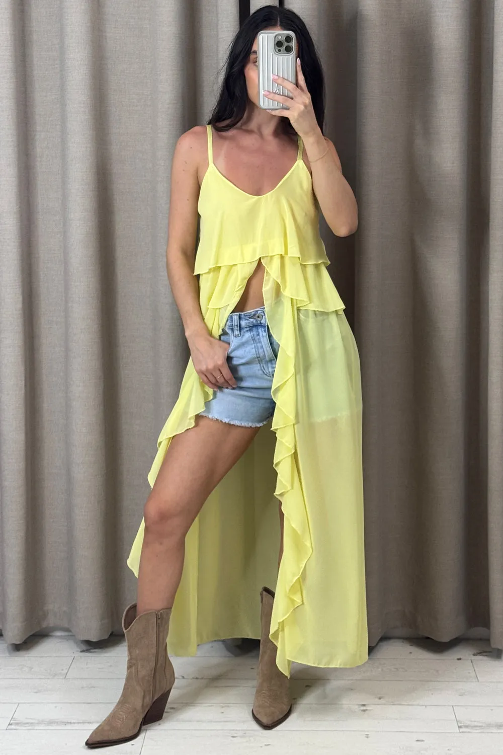 Kianne Yellow Chiffon Ruffle Drape Longline Top