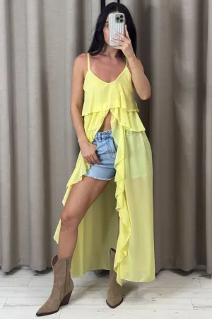 Kianne Yellow Chiffon Ruffle Drape Longline Top