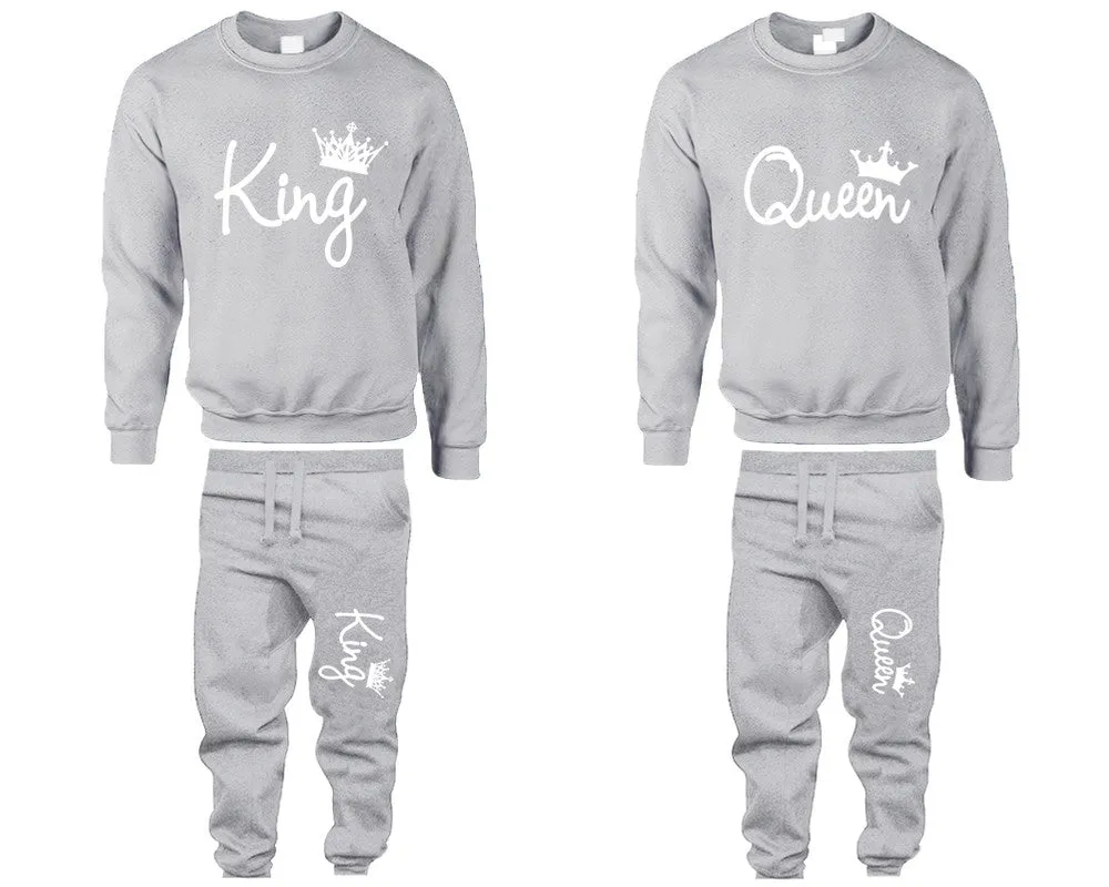 King & Queen Couple Matching Crewneck Sweaters and Jogger Pants – Stylish Unisex Top & Bottom Set | Mix & Match 4 Items Sold Separately