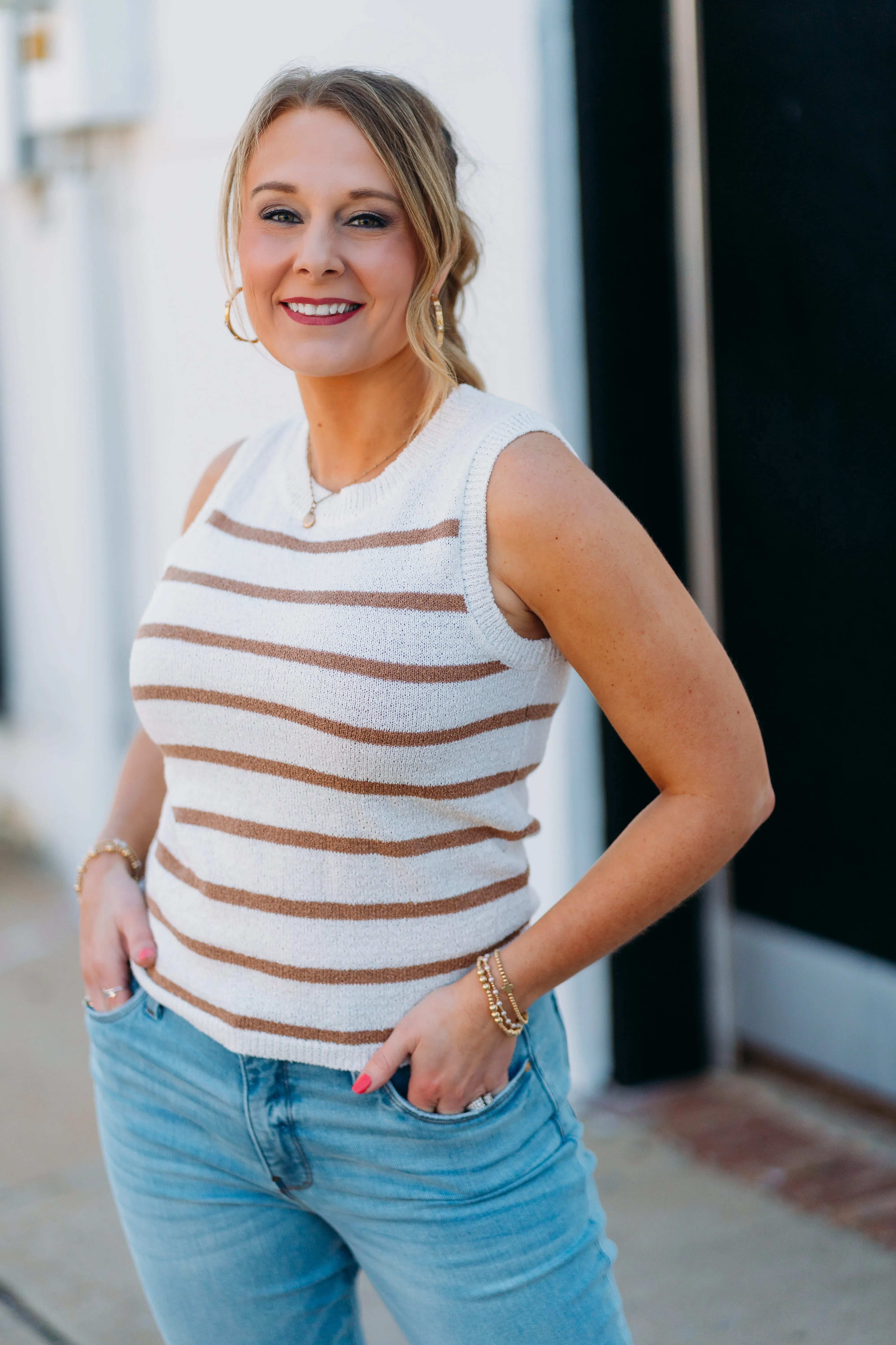 Kut: Contessa Pullover Striped Knit Sweater in Ivory Tan