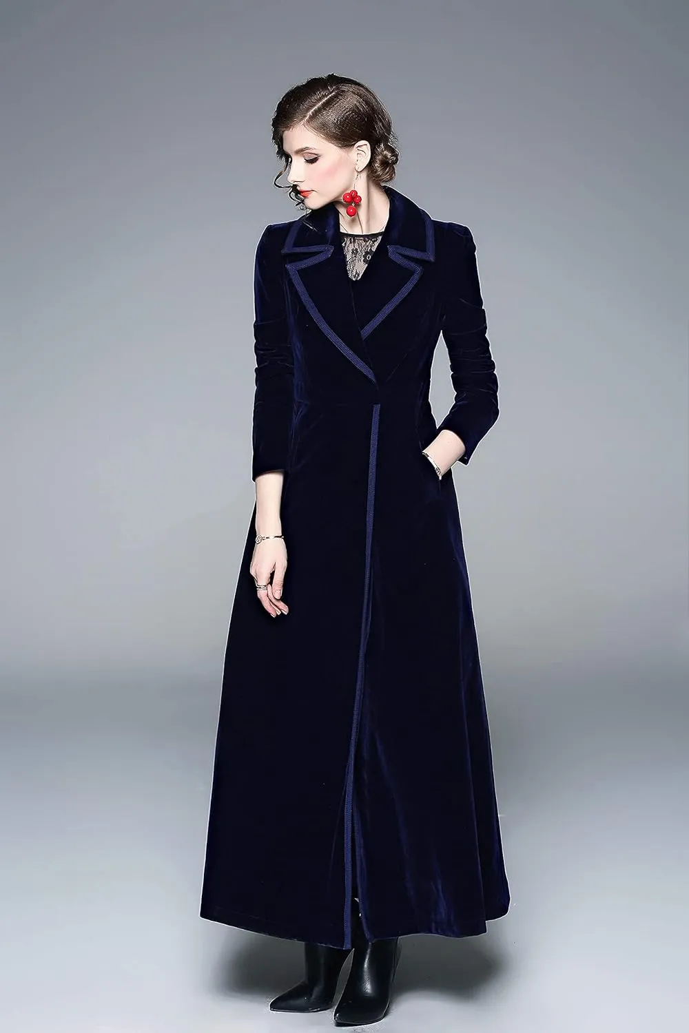 LAI MENG FIVE CATS Women's Elegant Notched Lapel Velvet Maxi-Length Trench Coat with Pocket