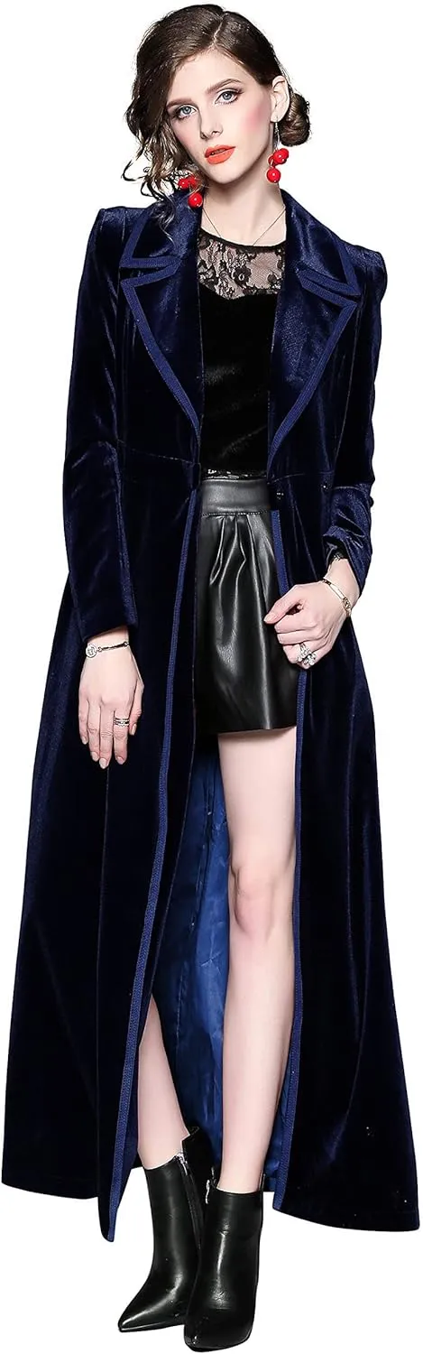 LAI MENG FIVE CATS Women's Elegant Notched Lapel Velvet Maxi-Length Trench Coat with Pocket