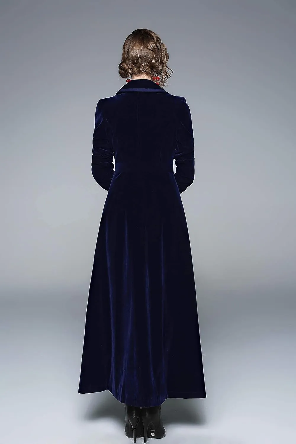 LAI MENG FIVE CATS Women's Elegant Notched Lapel Velvet Maxi-Length Trench Coat with Pocket