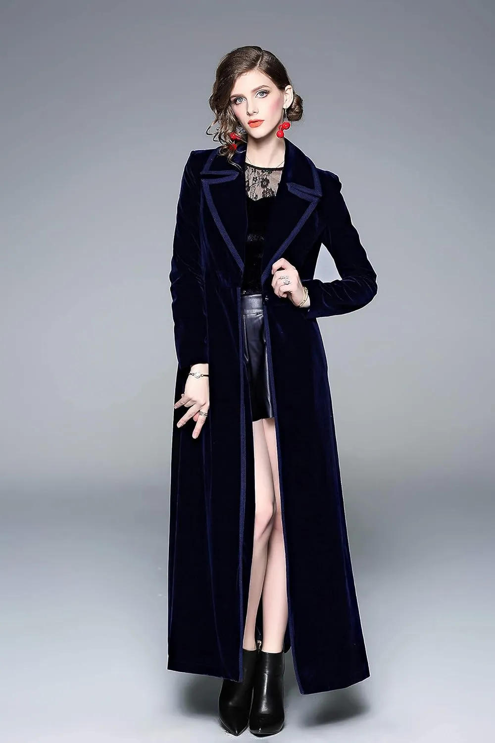 LAI MENG FIVE CATS Women's Elegant Notched Lapel Velvet Maxi-Length Trench Coat with Pocket
