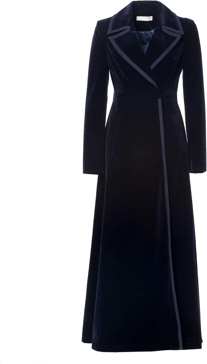 LAI MENG FIVE CATS Women's Elegant Notched Lapel Velvet Maxi-Length Trench Coat with Pocket