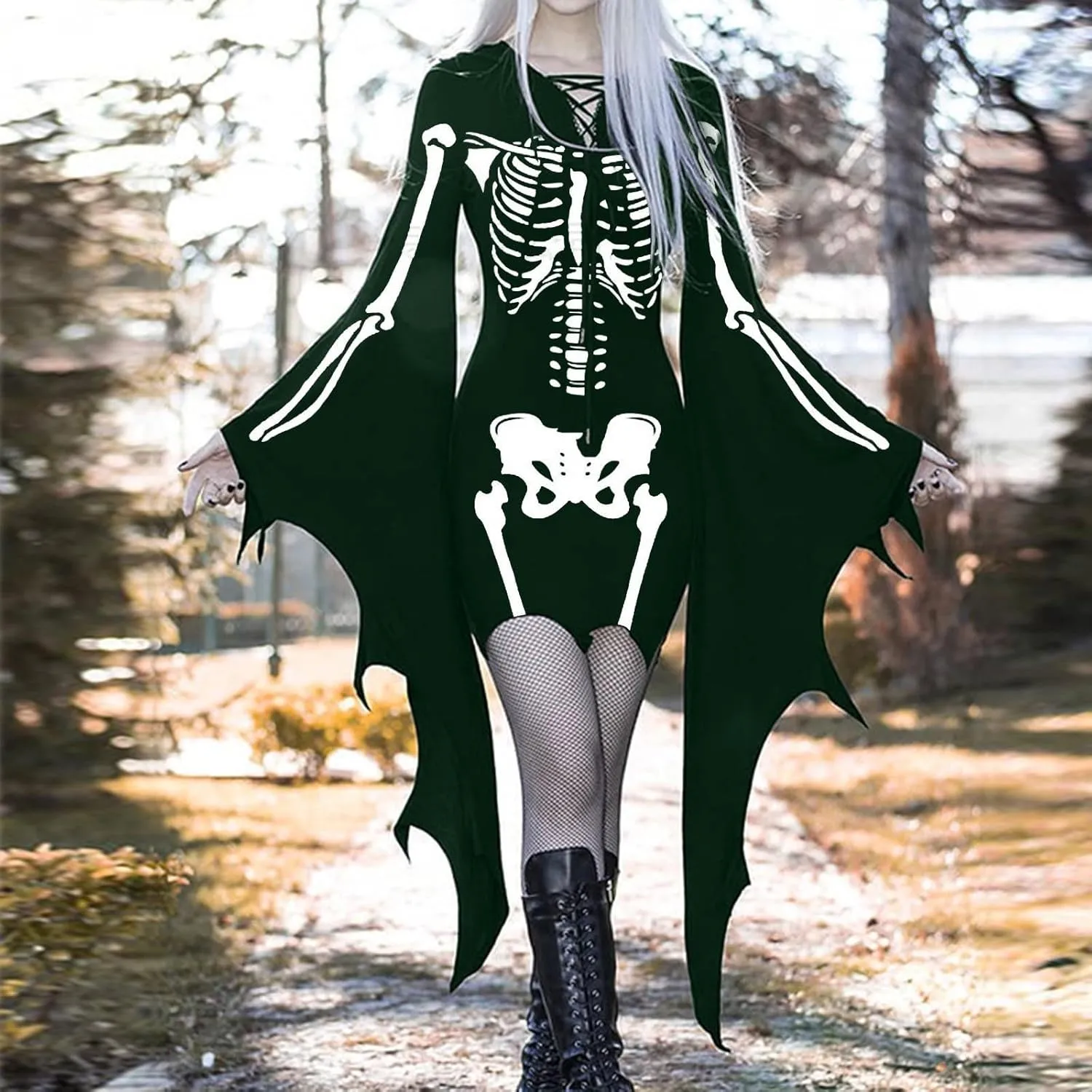 LCMTWX Halloween Costumes for Women Cold Shoulder Butterfly Sleeve Costumes Mesh Lace Light Long Sleeve Dresses for