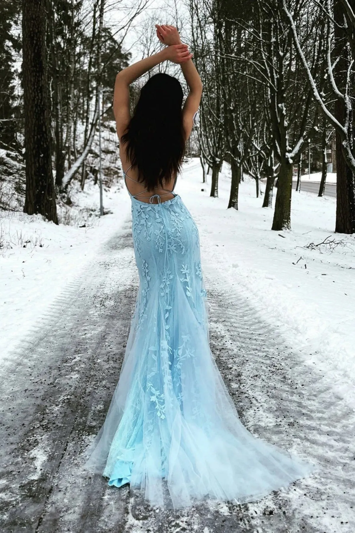 Light Blue Tulle Mermaid Lace Long Prom Dresses with Train, Mermaid Light Blue Formal Dresses, Blue Lace Evening Dresses WT1335