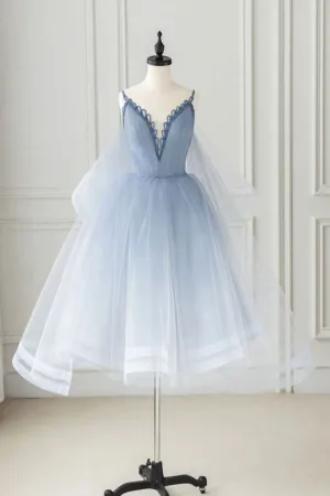 Light Blue Tulle V Neck Backless Short Prom Homecoming Dresses, V Neck Light Blue Formal Graduation Evening Dresses