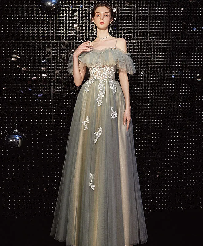 Light Green Tulle Lace Long Prom Dress Green Evening Dress