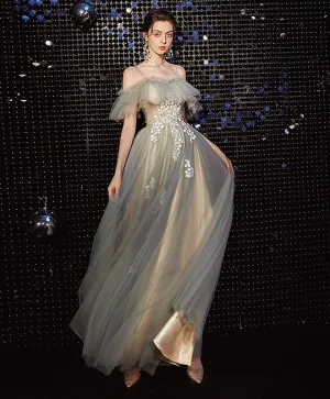 Light Green Tulle Lace Long Prom Dress Green Evening Dress
