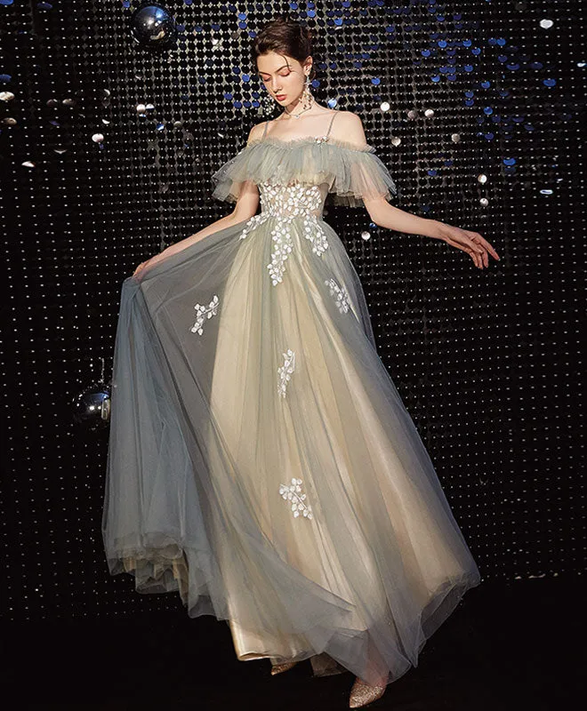 Light Green Tulle Lace Long Prom Dress Green Evening Dress