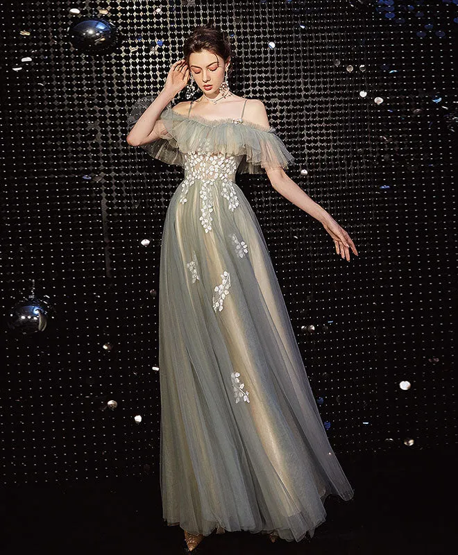 Light Green Tulle Lace Long Prom Dress Green Evening Dress