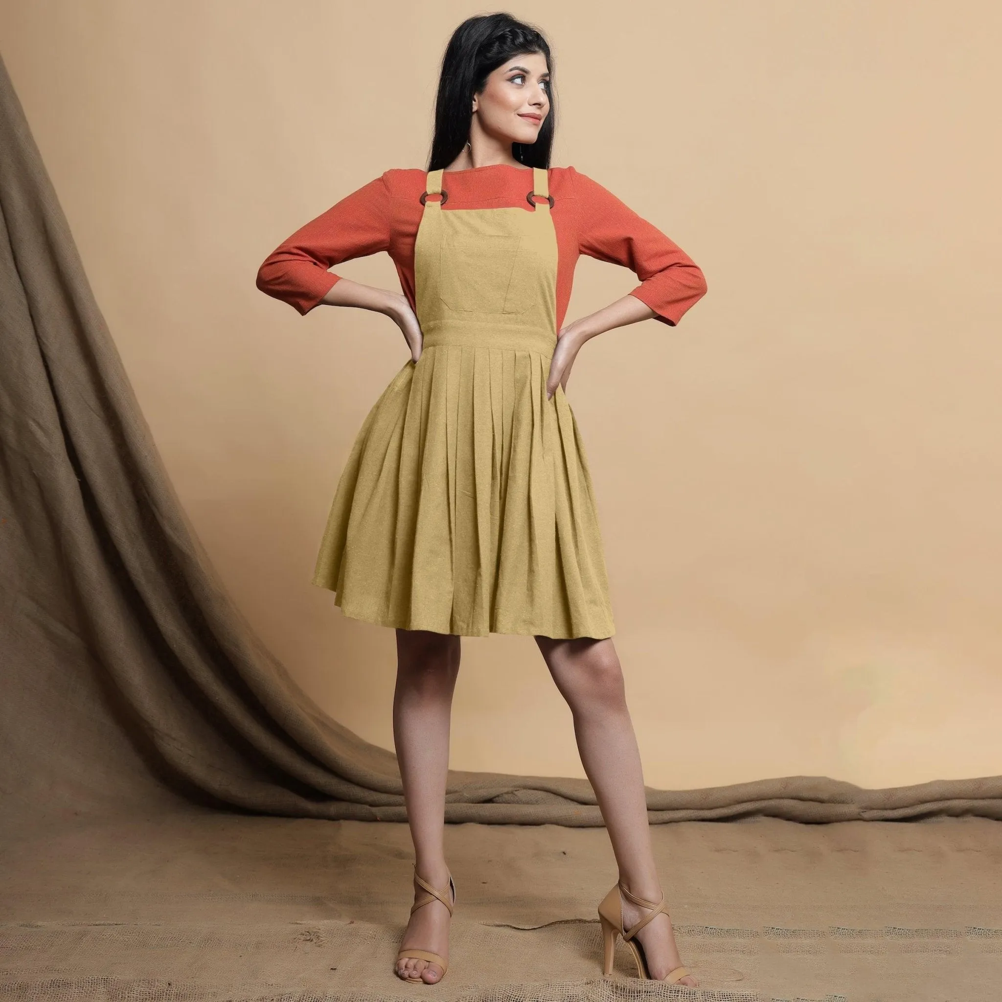 Light Khakhi Cotton Flax Criss-Cross Back Short Dress