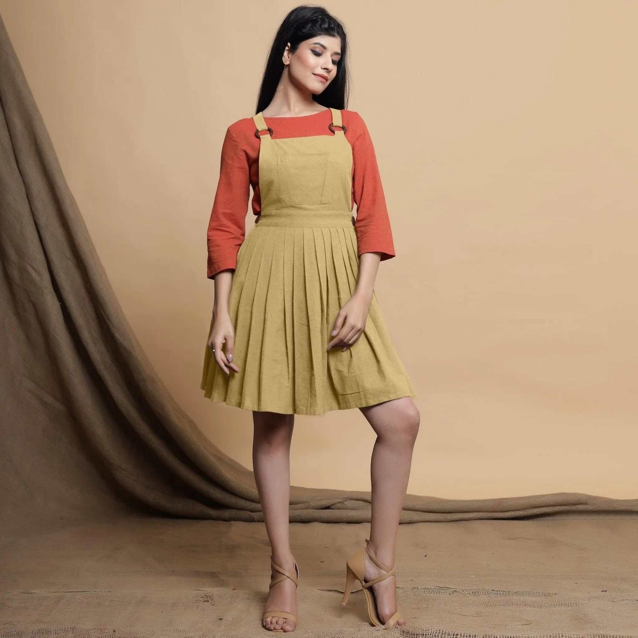 Light Khakhi Cotton Flax Criss-Cross Back Short Dress