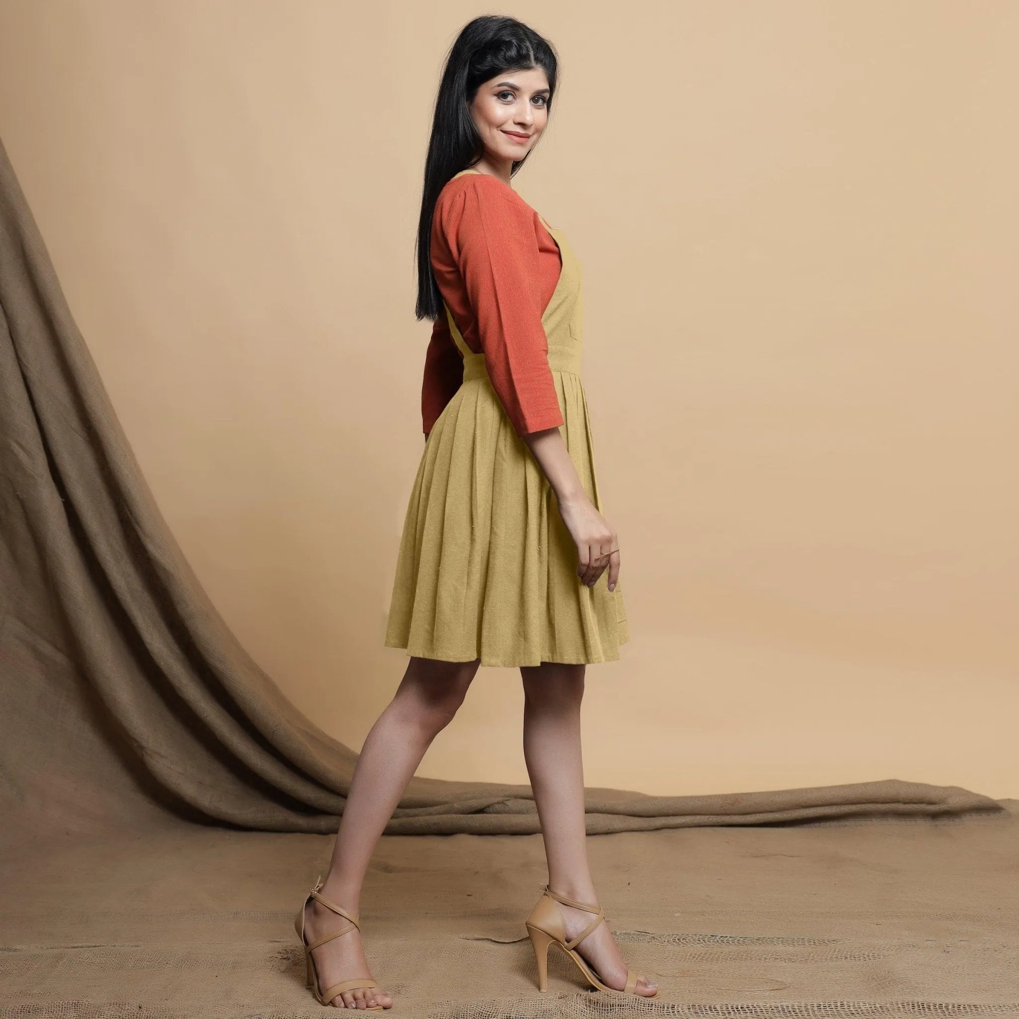 Light Khakhi Cotton Flax Criss-Cross Back Short Dress
