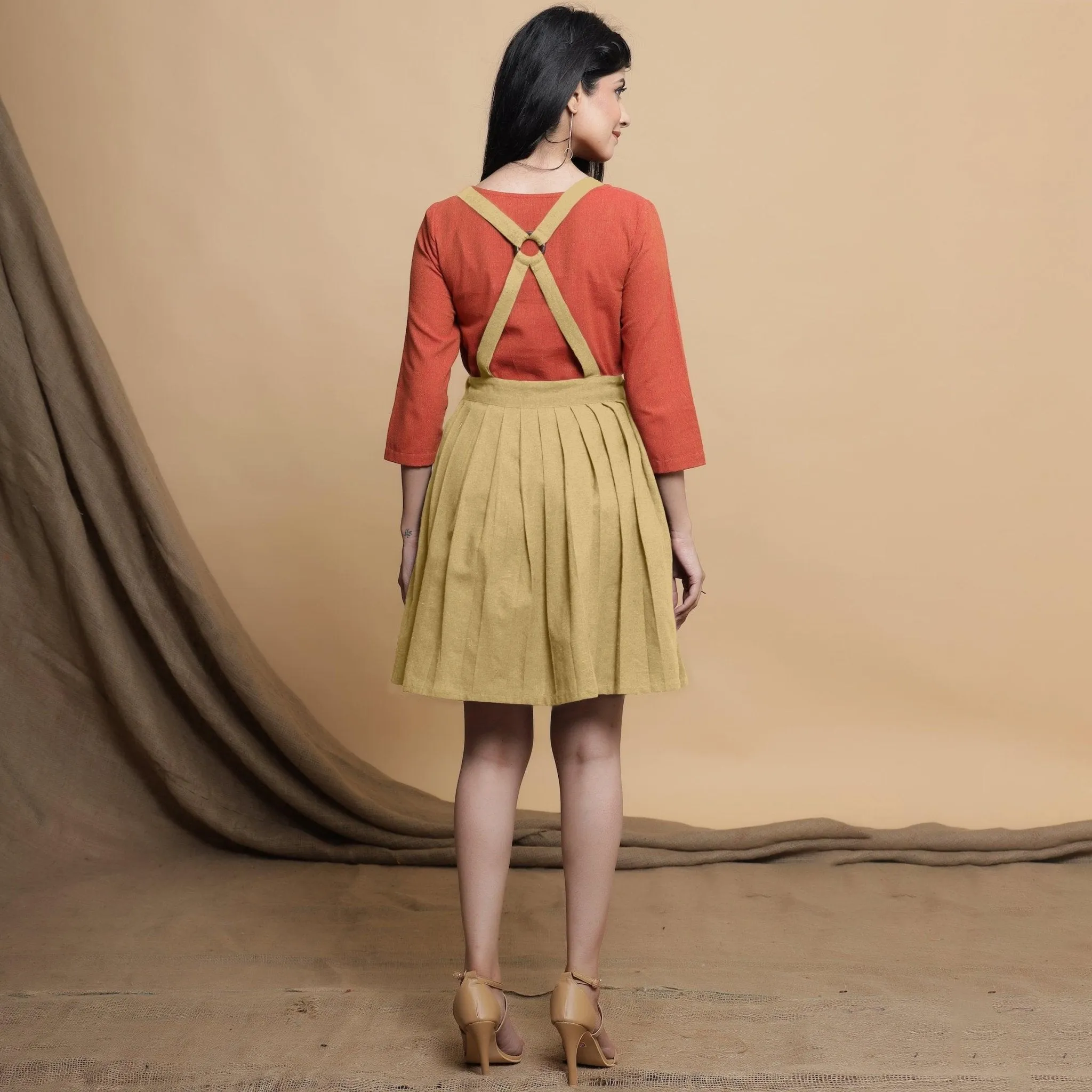 Light Khakhi Cotton Flax Criss-Cross Back Short Dress