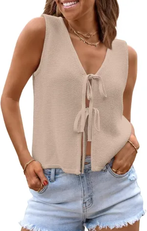 LILLUSORY Womens Crochet Tops Summer Vacation Outfits Beach Fashion 2025 Cute Casual Clothes Spring Tie Front Sweater Vest