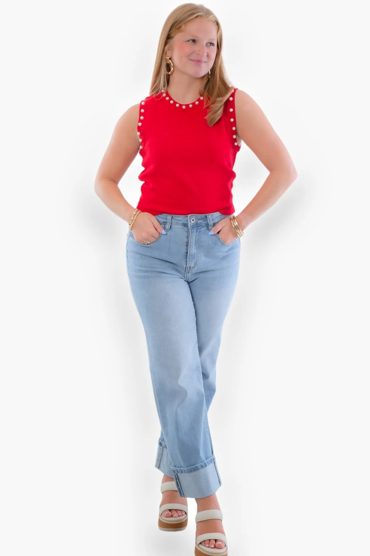 Liz Red Pearl Trim Knit Tank