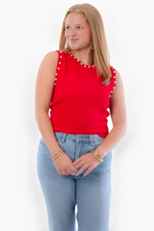 Liz Red Pearl Trim Knit Tank