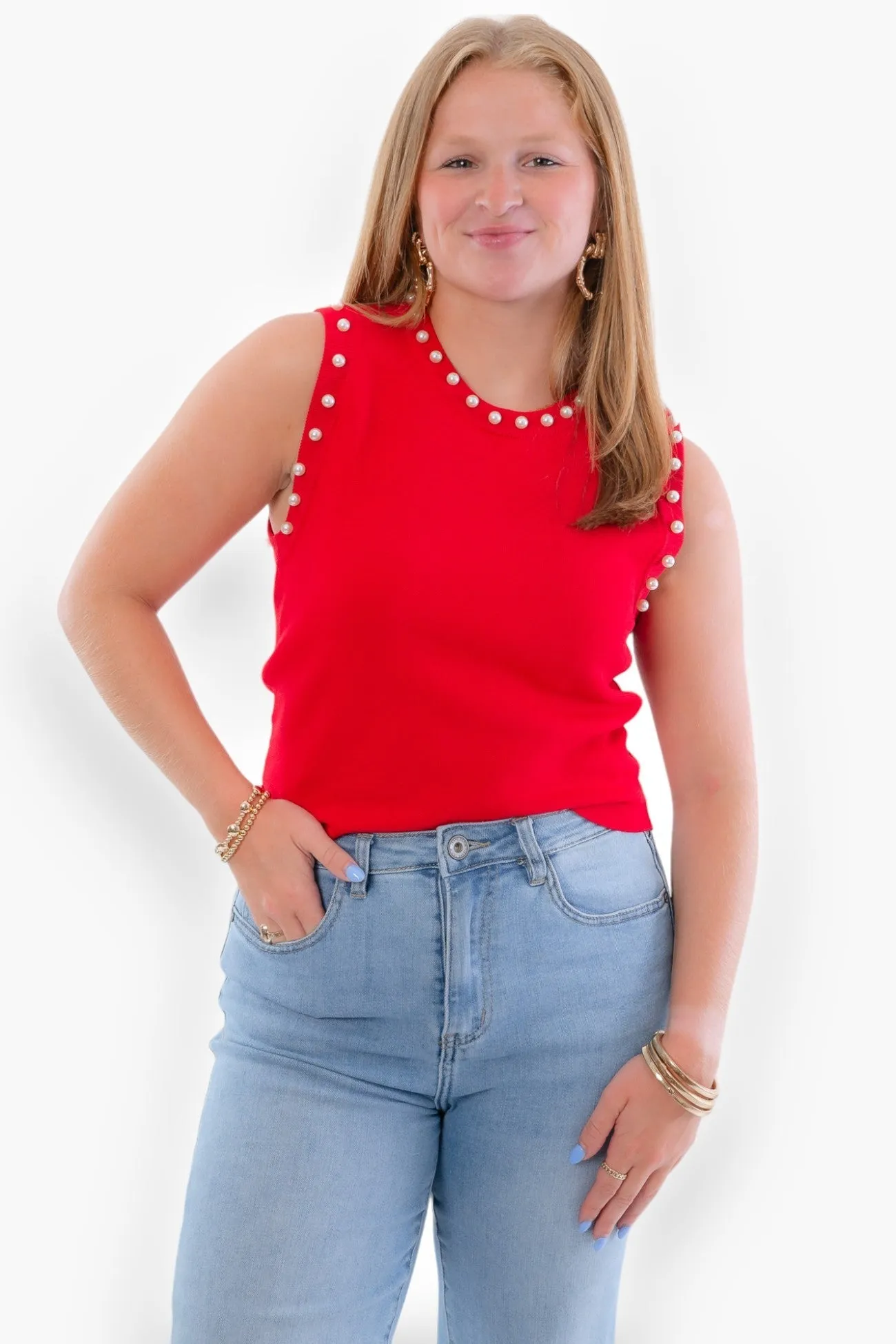 Liz Red Pearl Trim Knit Tank