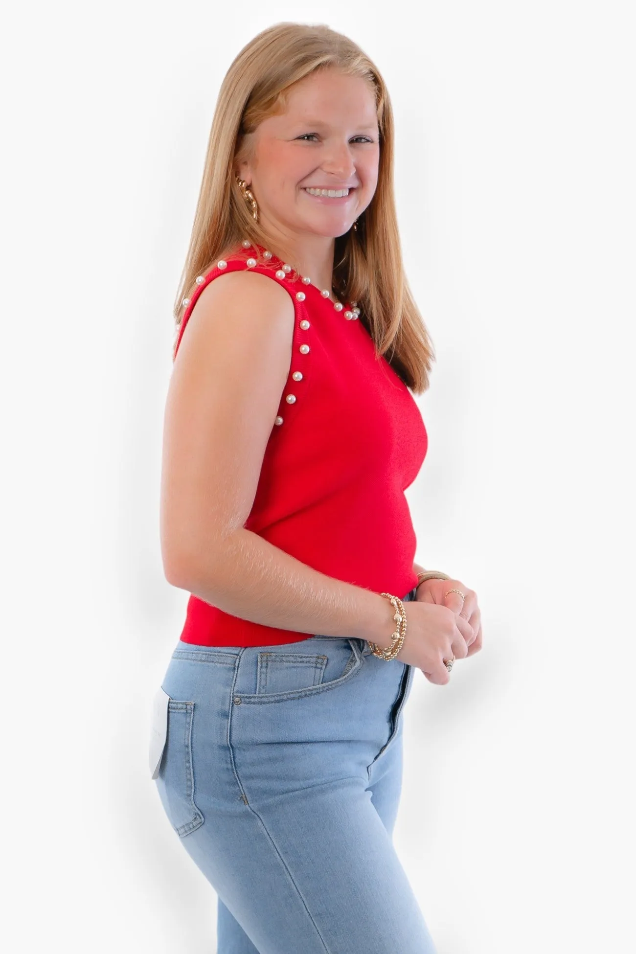 Liz Red Pearl Trim Knit Tank