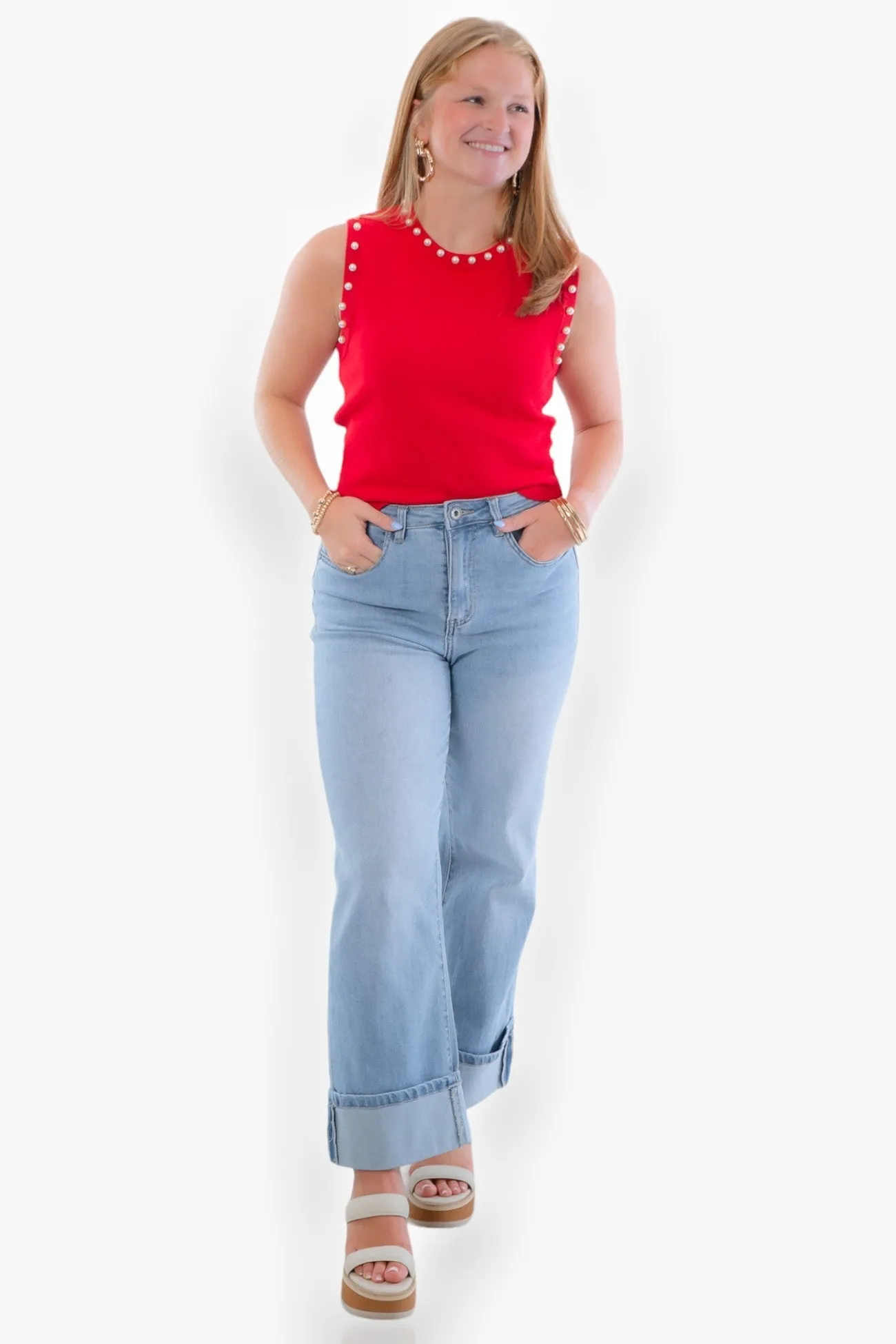 Liz Red Pearl Trim Knit Tank